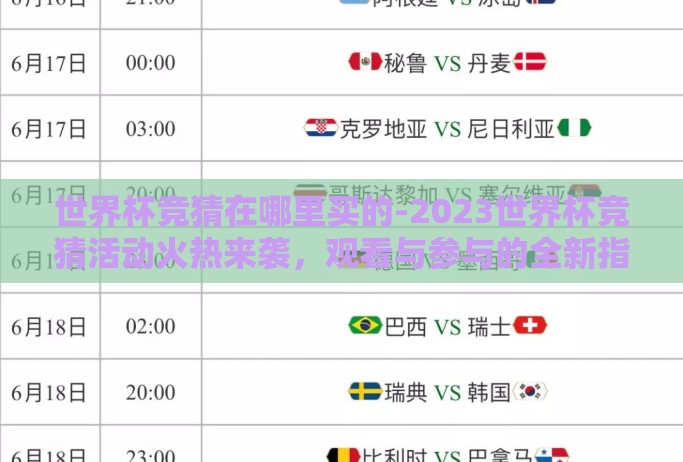 世界杯竞猜在哪里买的-2023世界杯竞猜活动火热来袭，观看与参与的全新指南